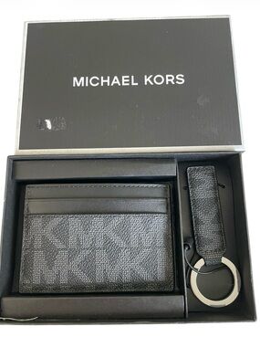 Michael Kors Black Logo Card Case Wallet & Key Fob Gift Set Boxed MSRP $98